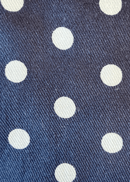 Mila Navy detail — navy polka dot print on 100% premium cotton