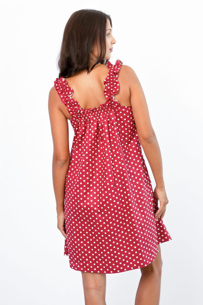Mila Red back view — women's red and white polka dot cotton mini dress above the knee
