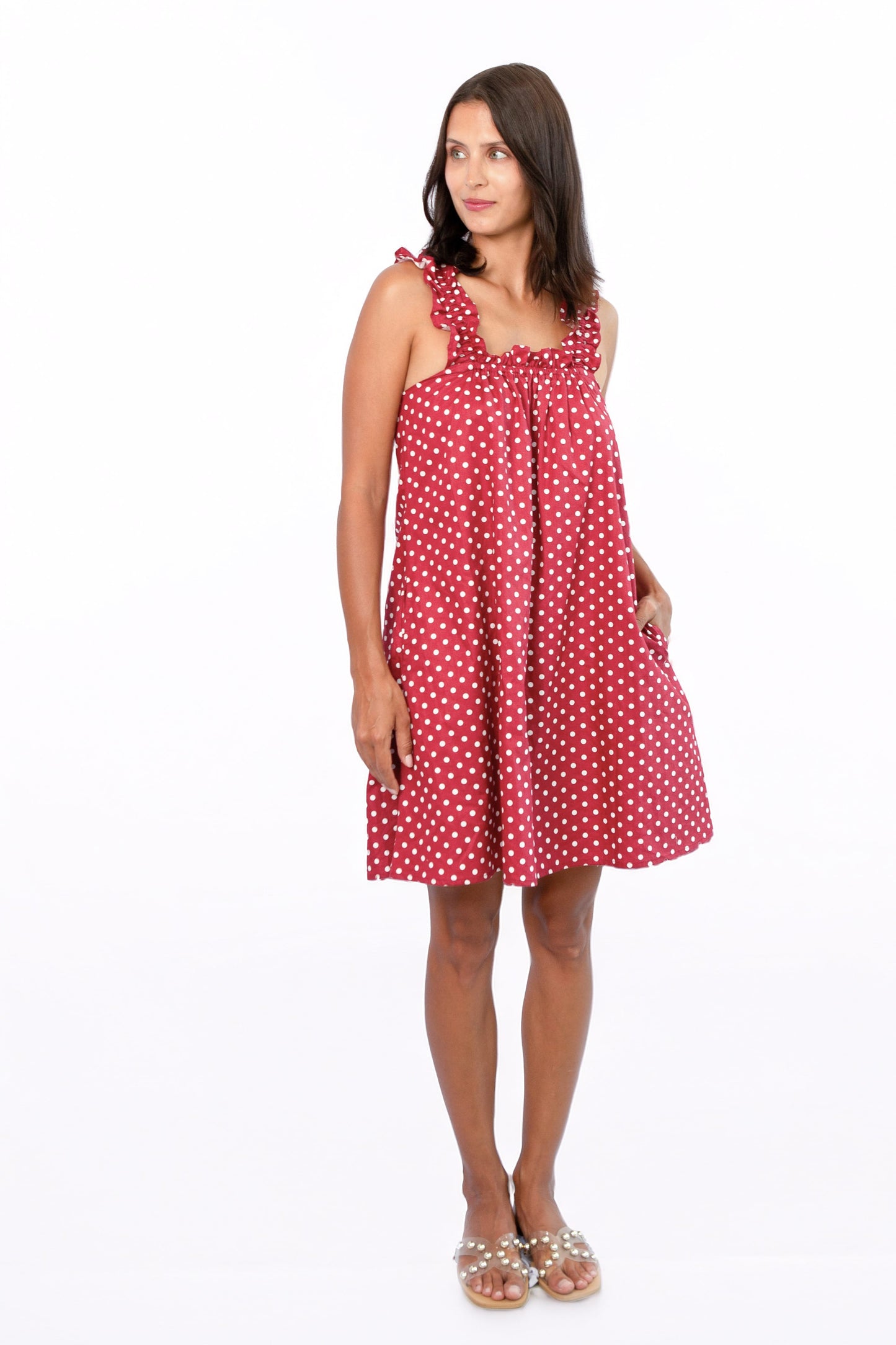 Mila Red side view — slim shoulder strap cotton mini dress with relaxed above-the-knee silhouette
