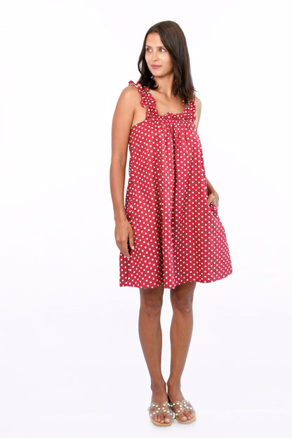 Mila Red side view — slim shoulder strap cotton mini dress with relaxed above-the-knee silhouette