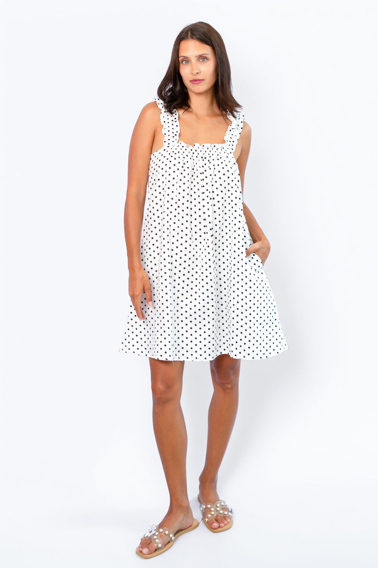 Mila Milk front view — cotton summer dress with slim shoulder straps and polka dot print
