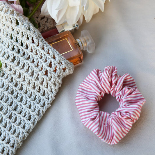 Scrunchie Pink Pinstripe detail — premium cotton pink pinstripe scrunchie