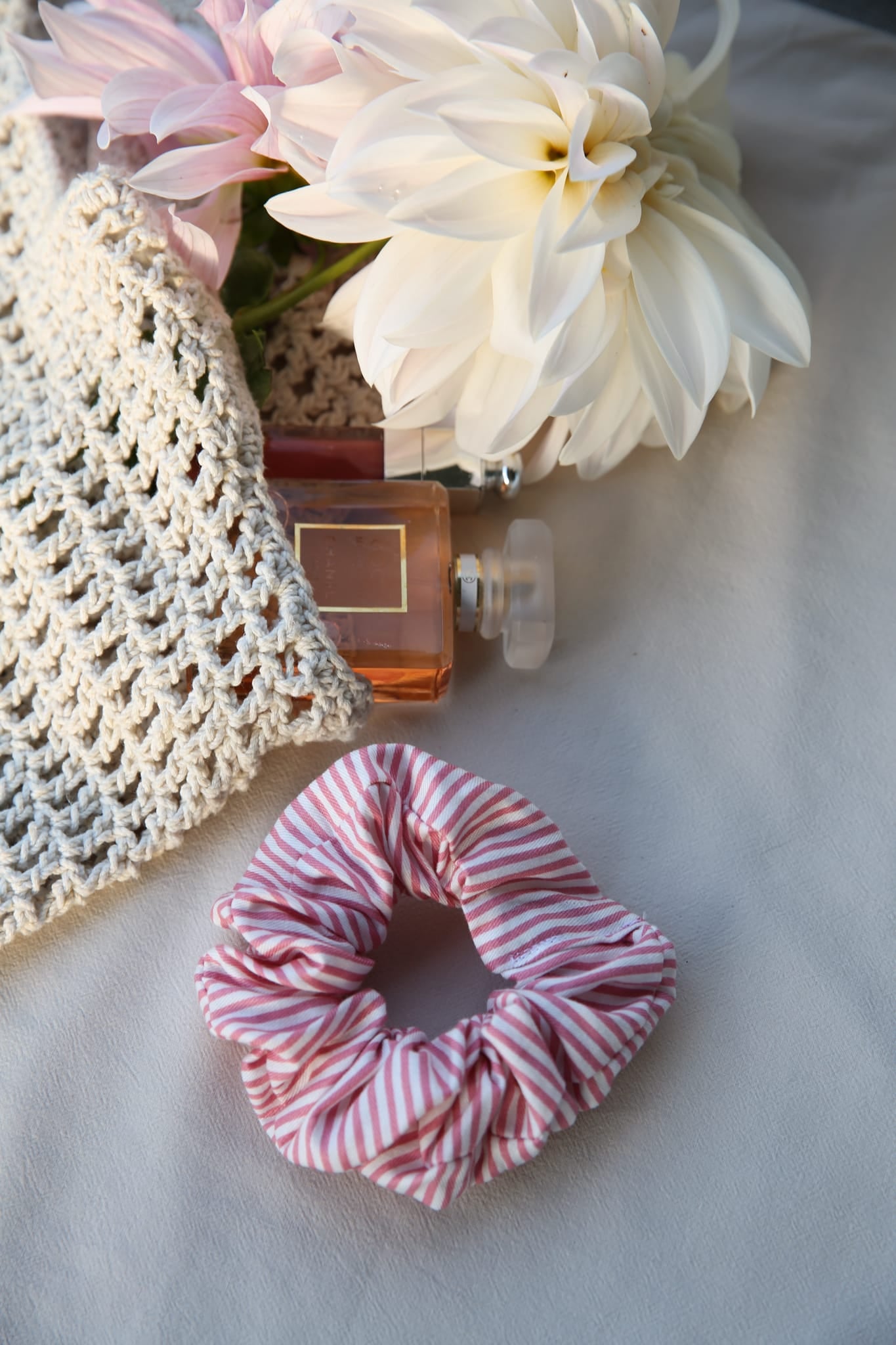 Stella Lounge Set Pink scrunchie — matching pink stripe cotton scrunchie hair accessory