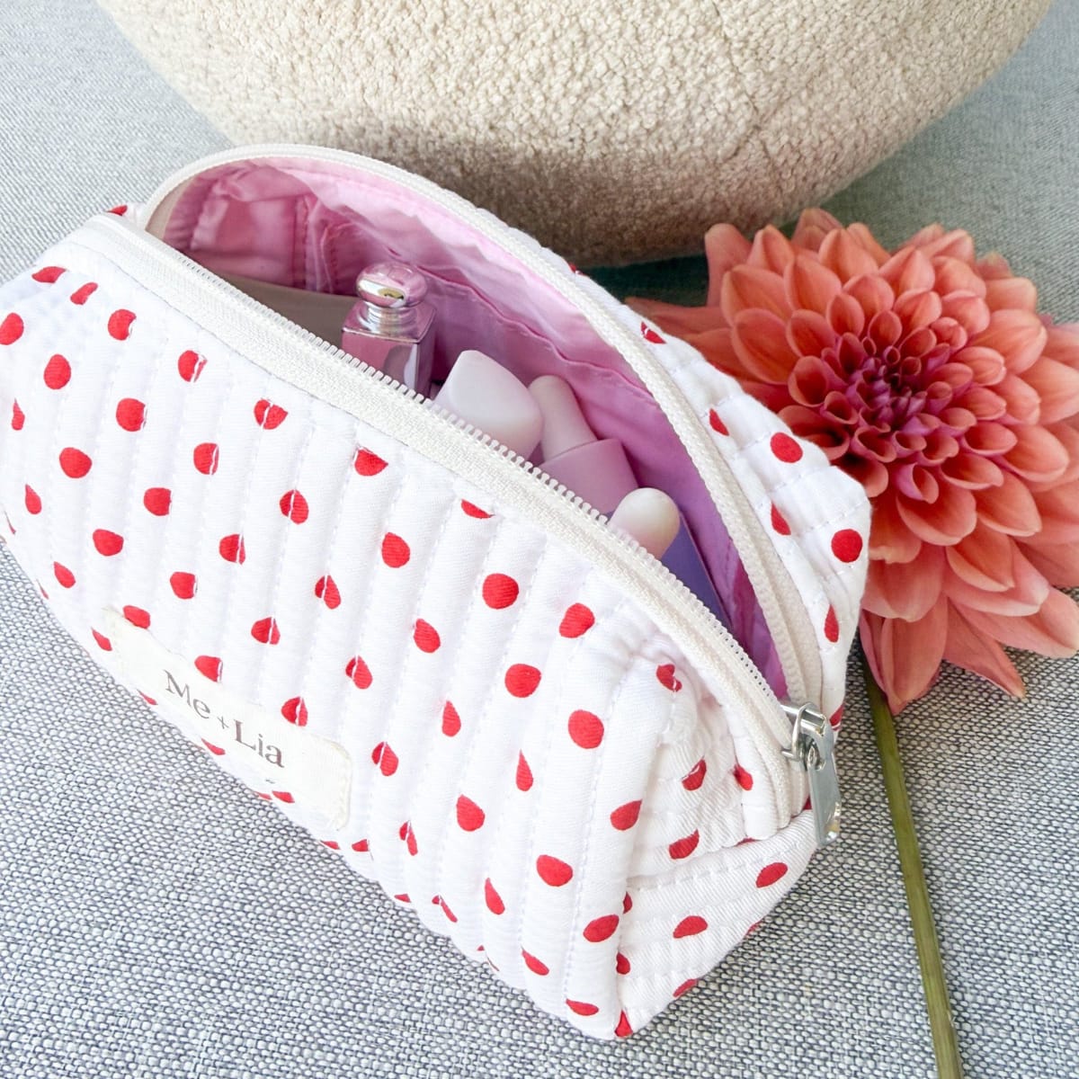 Polkadot Red Make-up Pouch Small — red polka dot cotton cosmetic pouch with zip