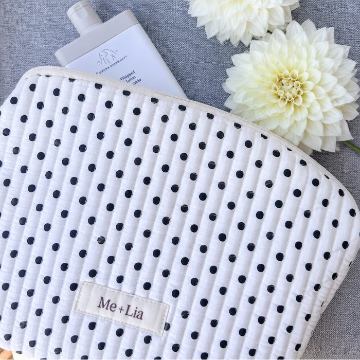 Polkadot Black Make-up Bag Large — black polka dot cotton travel pouch with zip