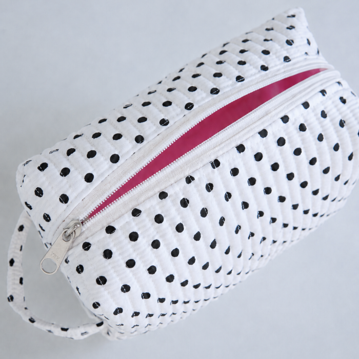 Polkadot Black Make-up Bag Large detail — black and white polka dot print on cotton