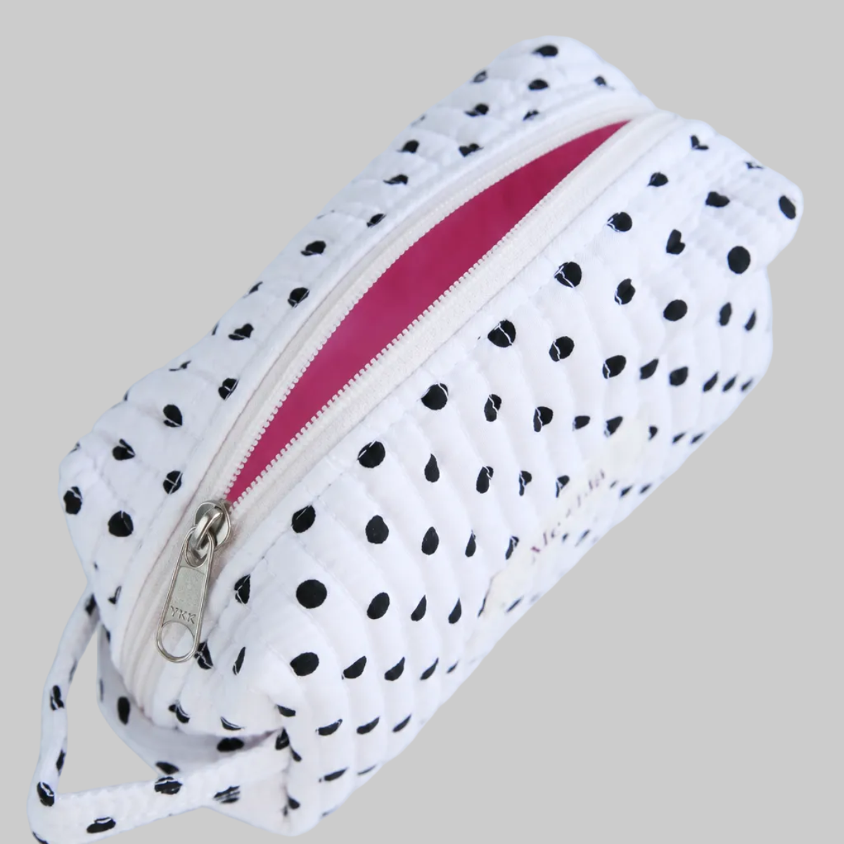 Polkadot Black Make-up Pouch Small detail — black and white polka dot print on cotton