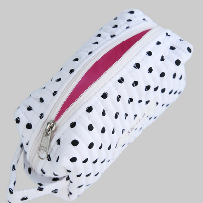 Polkadot Black Make-up Pouch Small detail — black and white polka dot print on cotton
