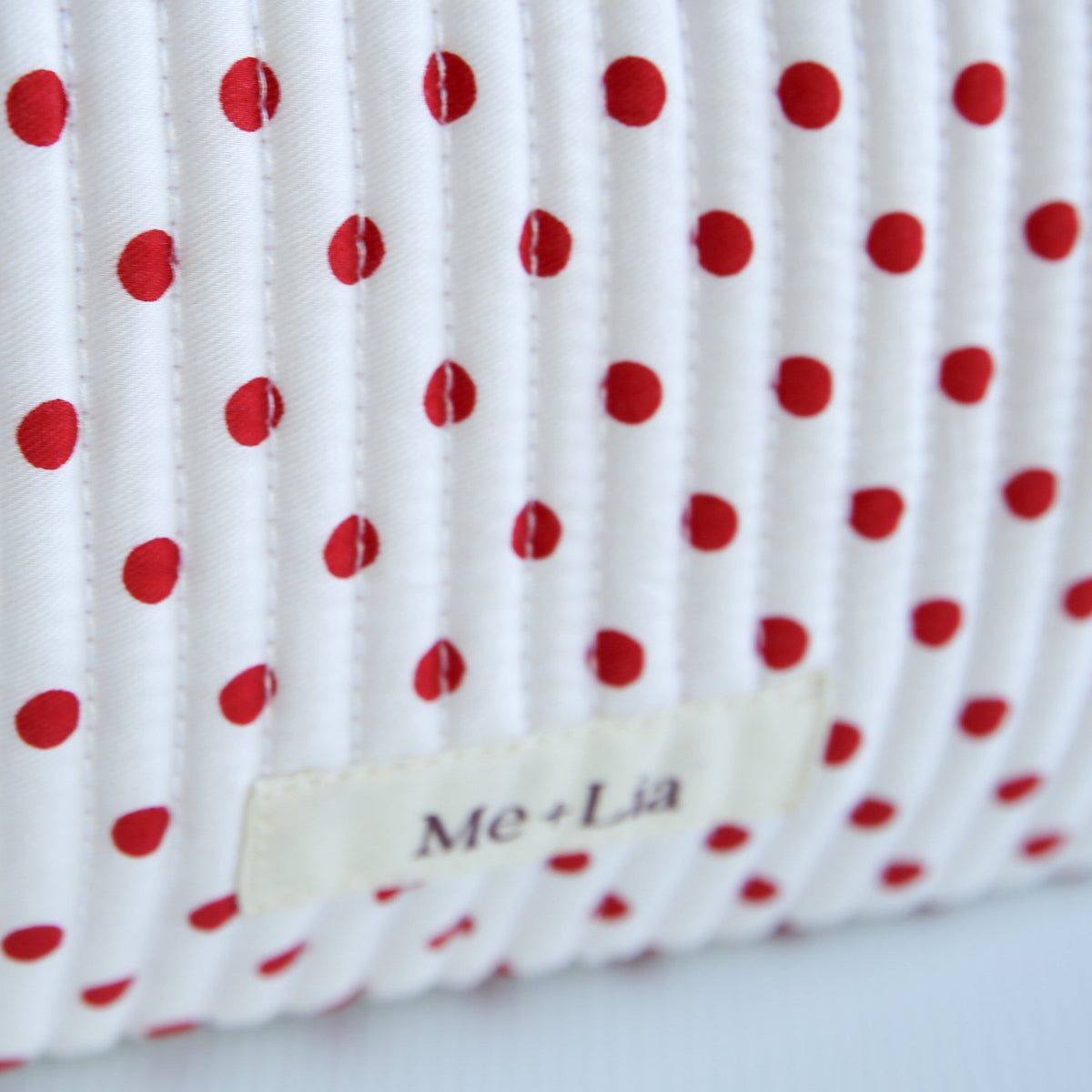 Polkadot Red Make-up Pouch Small detail — red and white polka dot print on cotton