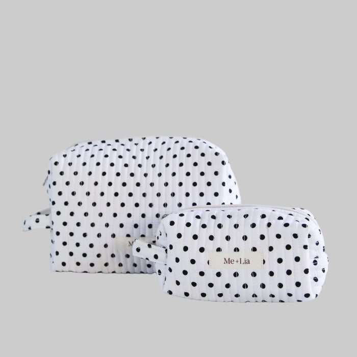 Polkadot Black Make-up Bag Large — interior of black polka dot cotton cosmetic bag