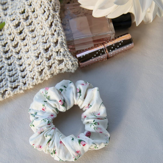 Scrunchie Rose detail — premium cotton rose print scrunchie hair accessory