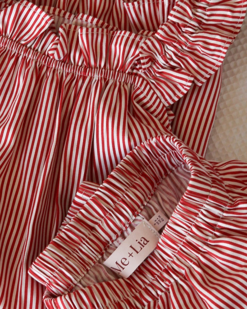 Stella Lounge Set Red — Me+Lia label and frill strap detail on red stripe cotton camisole
