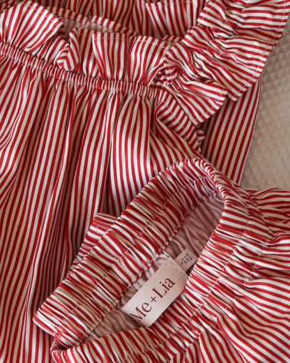 Stella Lounge Set Red — Me+Lia label and frill strap detail on red stripe cotton camisole