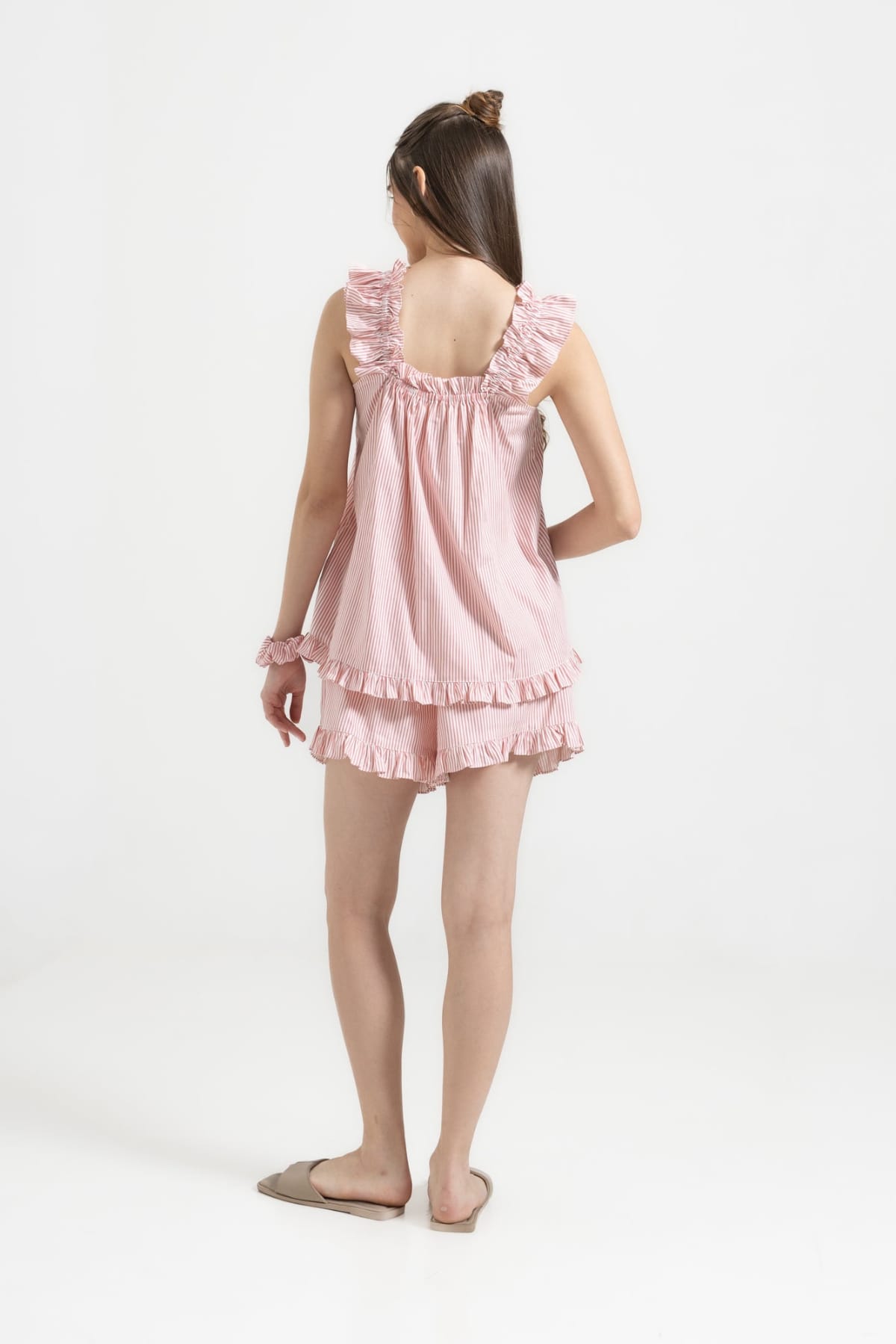 Stella Lounge Set Pink detail — frill strap and pink stripe on 100% premium cotton