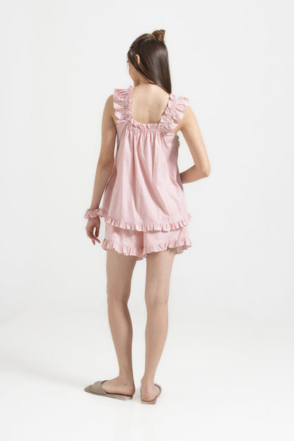 Stella Lounge Set Pink detail — frill strap and pink stripe on 100% premium cotton