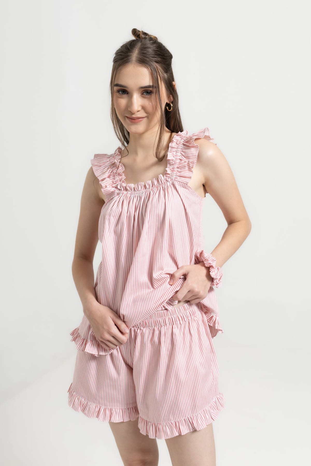 Stella Lounge Set Pink back view — women's pink stripe cotton resort loungewear set