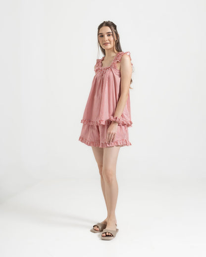 Stella Lounge Set Red — red stripe cotton camisole with frill straps and elasticated shorts