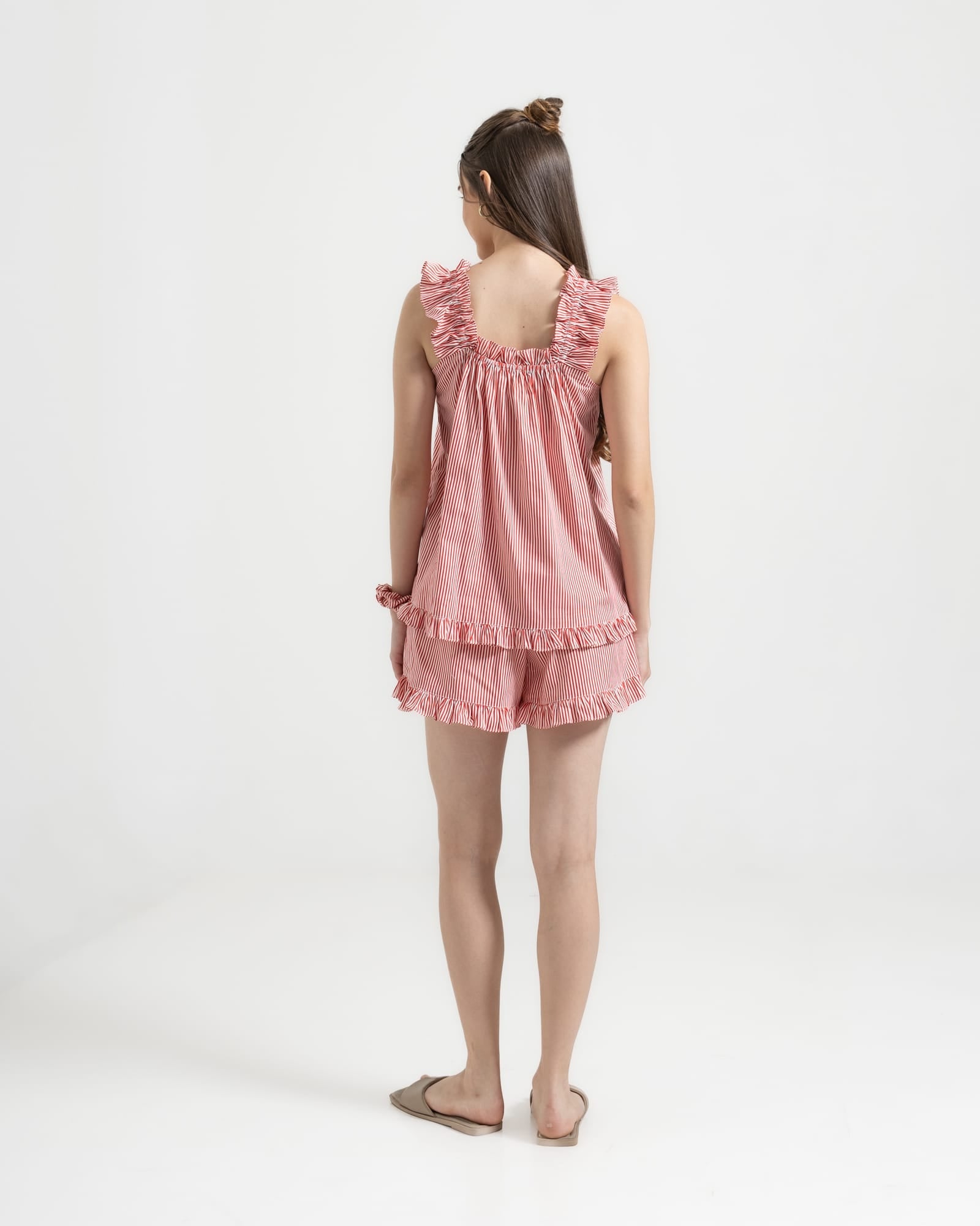 Stella Lounge Set Red detail — frill strap and red stripe on 100% premium cotton