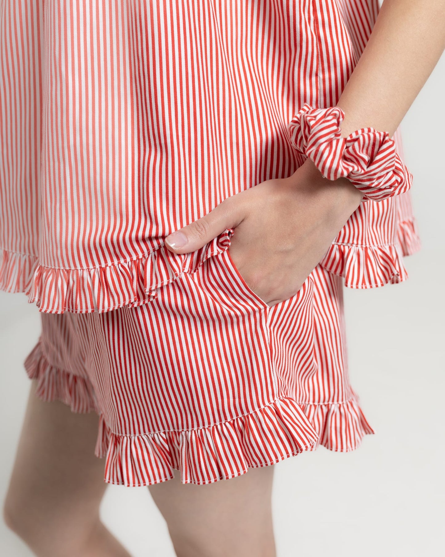 Stella Lounge Set Red full length — women's red stripe cotton shorts and camisole set for travel and resort