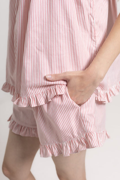 Stella Lounge Set Pink — pink stripe cotton camisole with frill straps and elasticated shorts