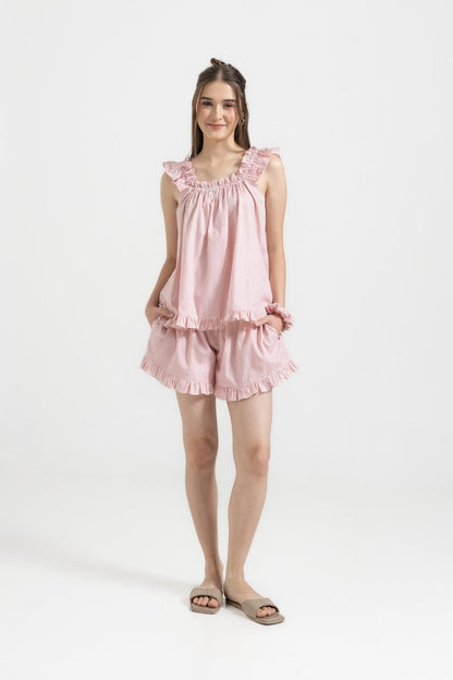 Stella Lounge Set Pink side view — pink stripe cotton camisole and shorts with frill straps