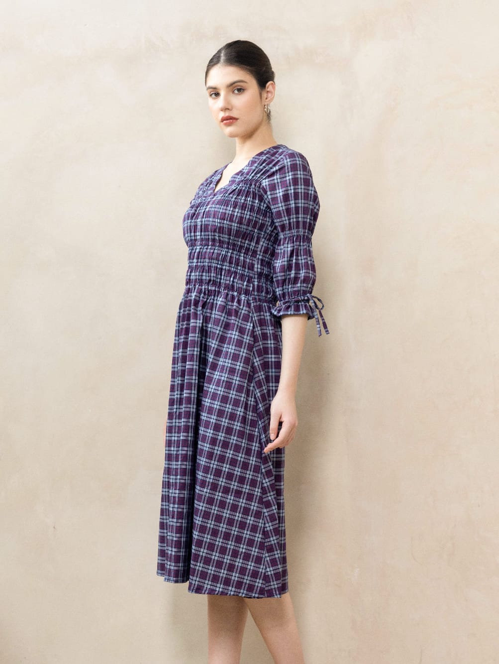 Tassia Plum side view — A-line plaid cotton dress with cotton lace trim
