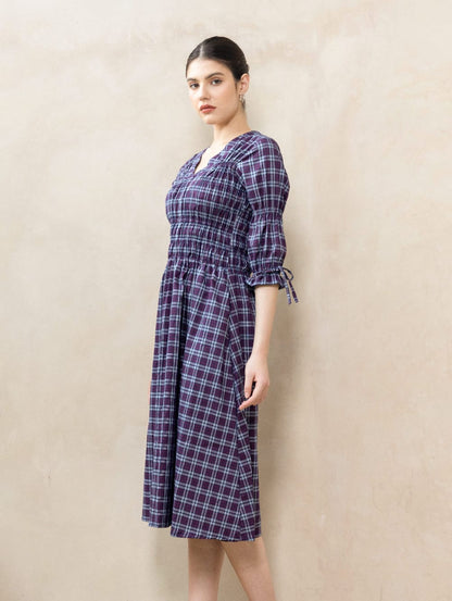 Tassia Plum side view — A-line plaid cotton dress with cotton lace trim