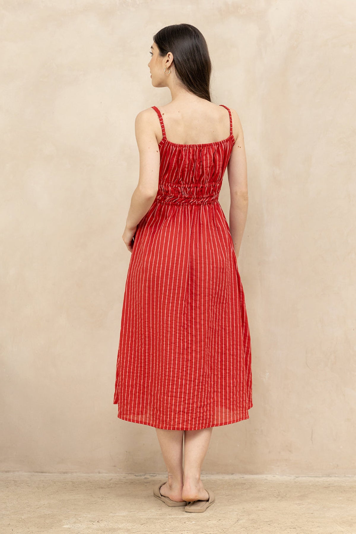 Valentina Scarlet back view — women's premium cotton red dress with elasticated bodice