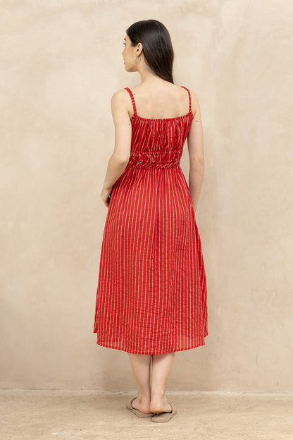Valentina Scarlet back view — women's premium cotton red dress with elasticated bodice