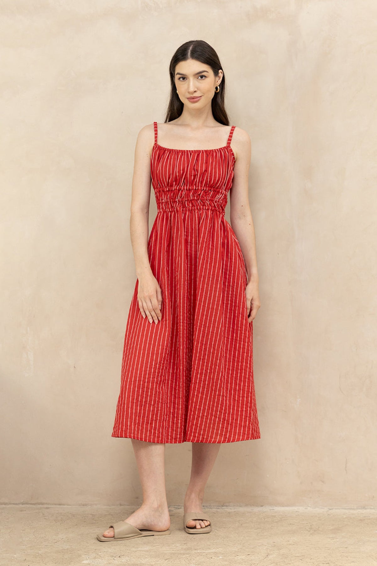 Valentina Scarlet full length — women's scarlet red cotton midi dress with A-line skirt