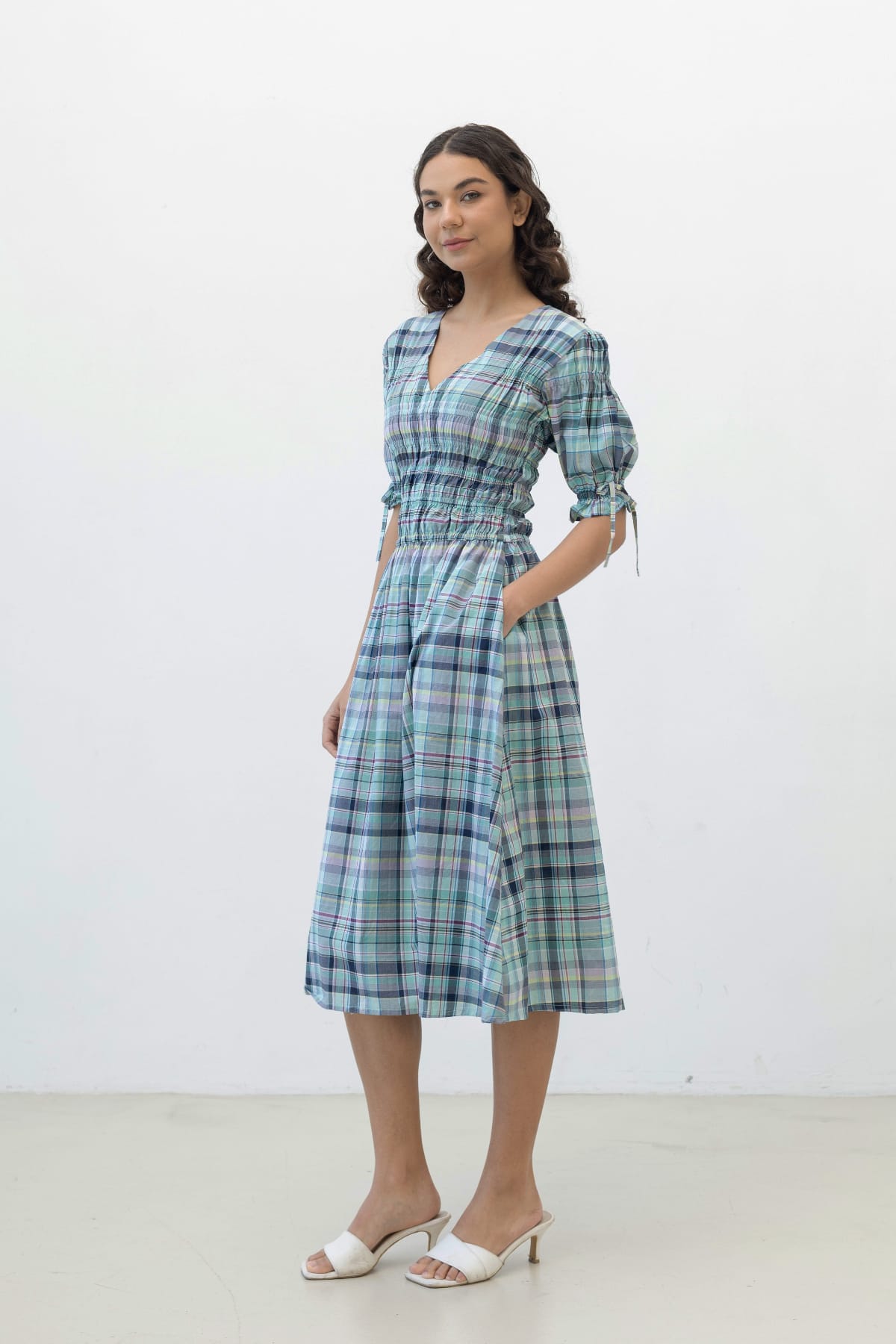 Clairo Meadow — mint and navy plaid cotton midi dress with gathered tie-sleeves and premium cotton