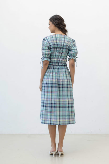 Clairo Meadow detail — mint and navy plaid print on repurposed premium cotton with lace trim