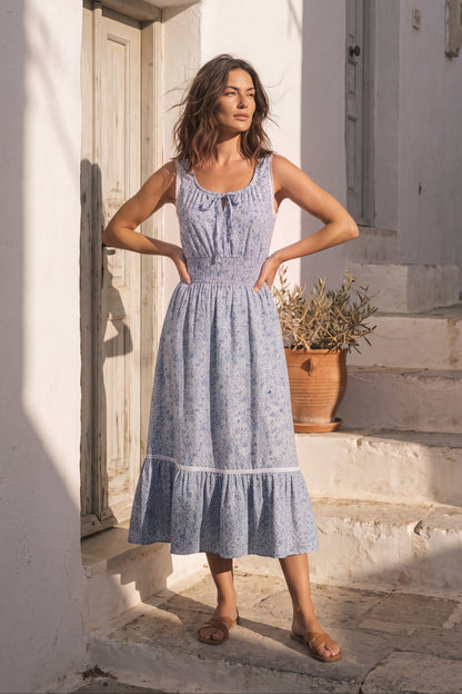 Bianca Blue Blossom — Milos whitewash lane, corrected neckline (gathered scoop, drawstring tie, picot lace)