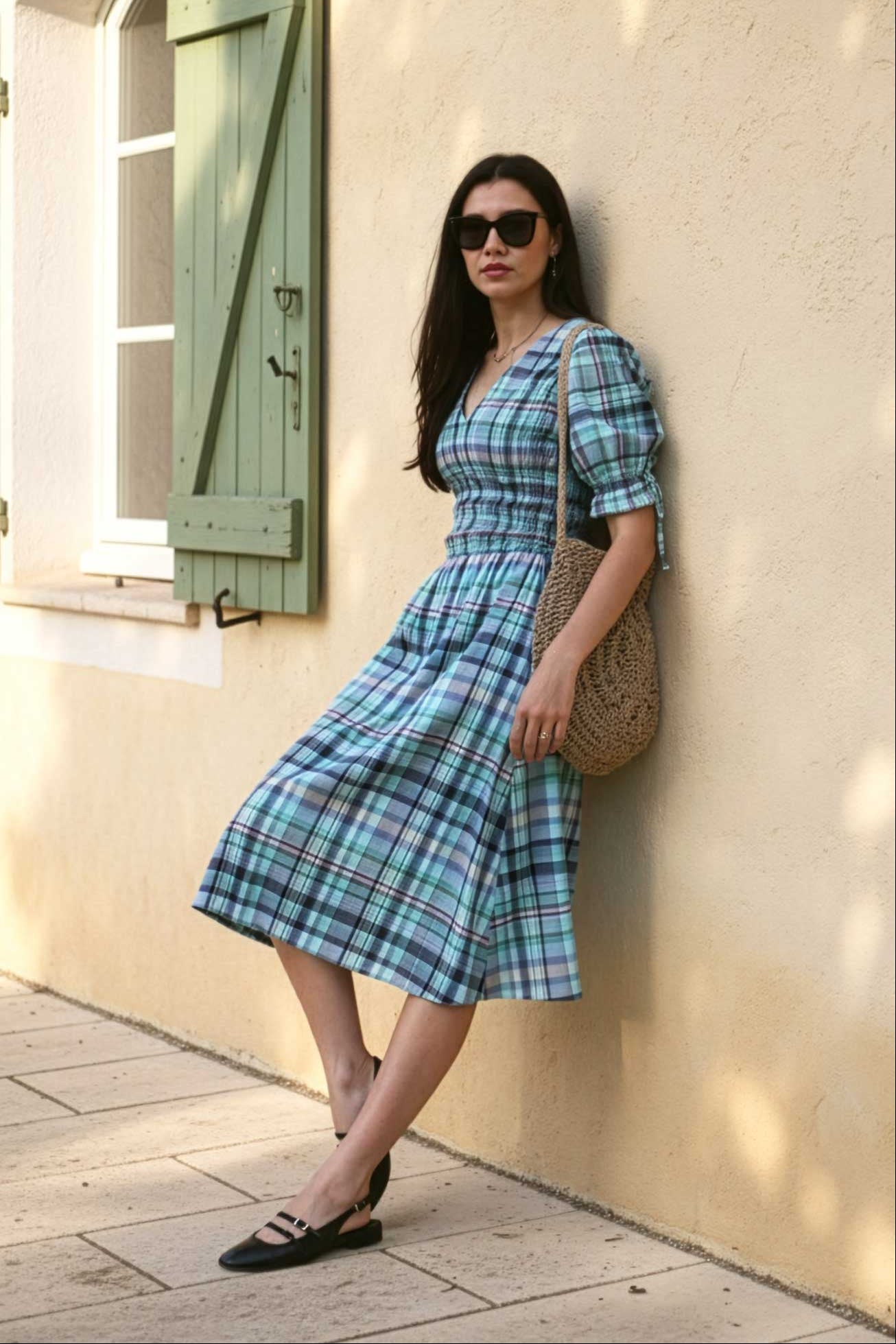 Woman in a Me + Lia Clairo Meadow plaid dress standing against a beige wall.