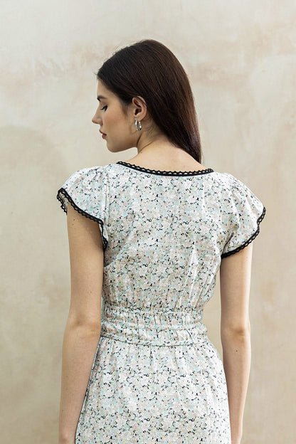 Juliet Black Blossom detail — contrast lace trim and soft floral print on black cotton