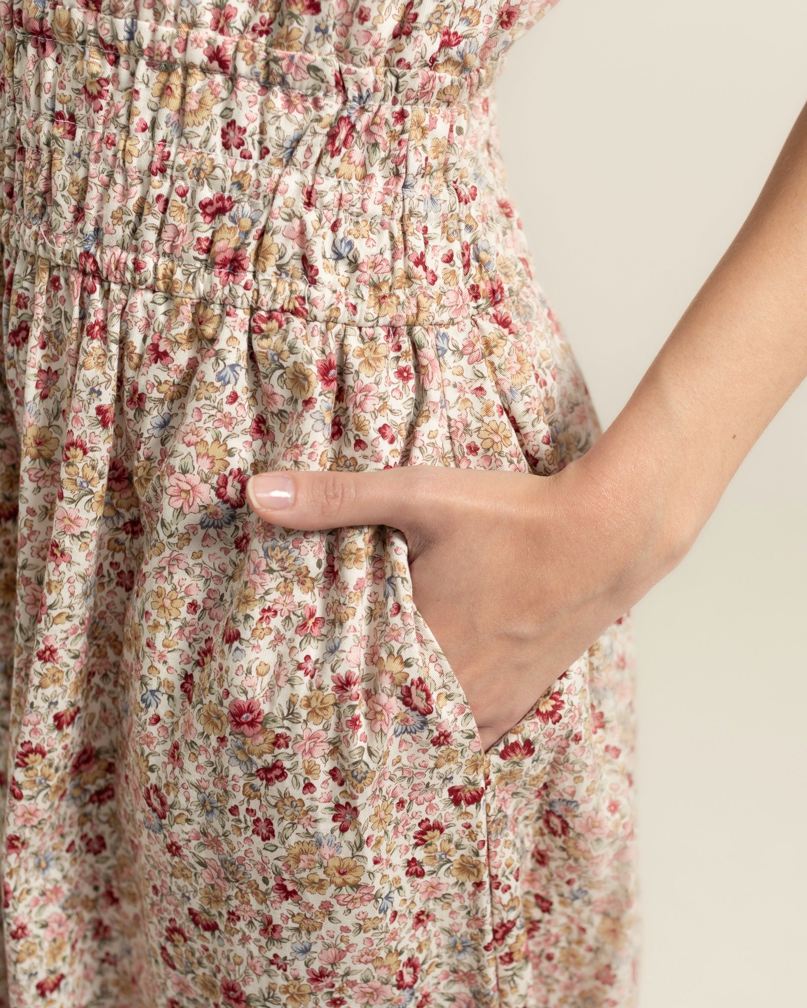 Juliet Wildflower pocket detail — deep side pocket and ditsy floral print on cream cotton