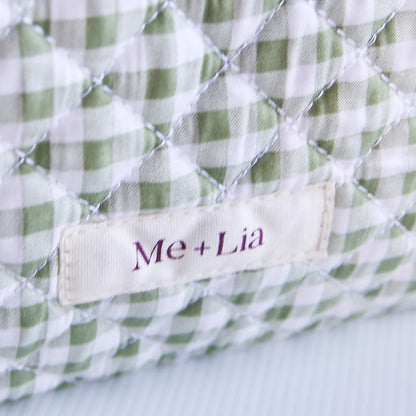 Gingham Matcha Make-up Bag Large — green gingham cotton travel bag held in hand