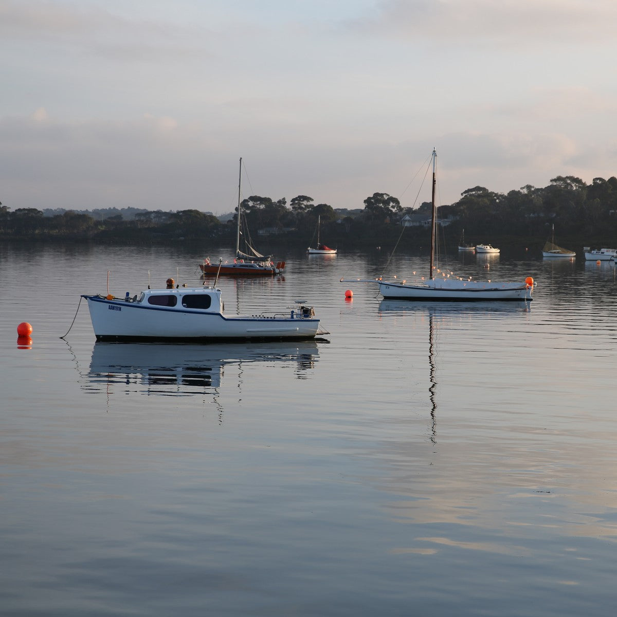 Boats on the water at dusk near the red rocks