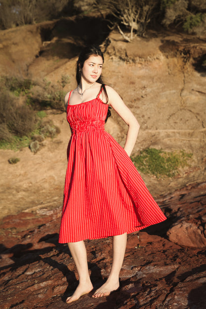 Valentina scarlet midi dress at the red cliffs, skirt in motion