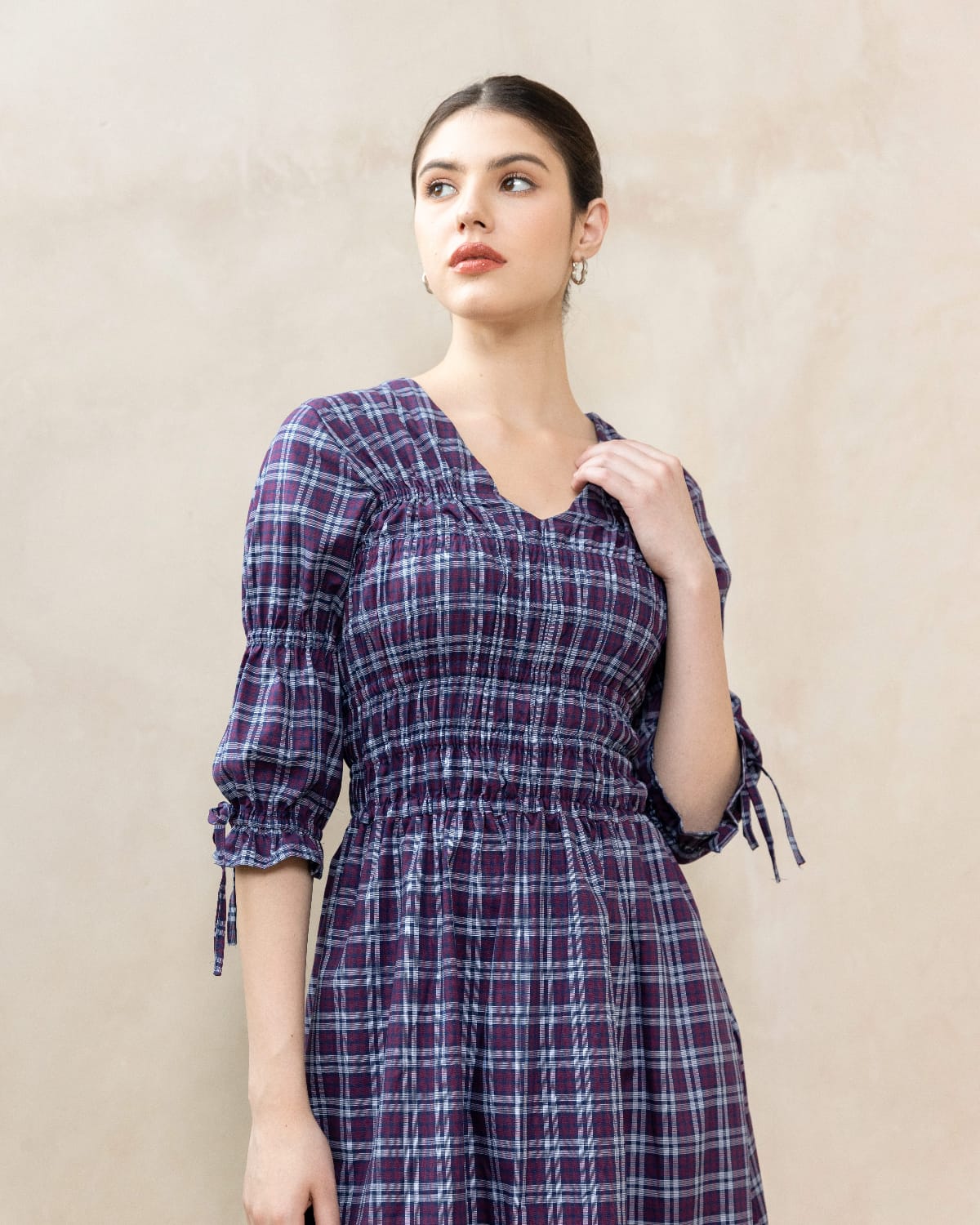 Tassia Plum front view — premium repurposed cotton plaid midi dress