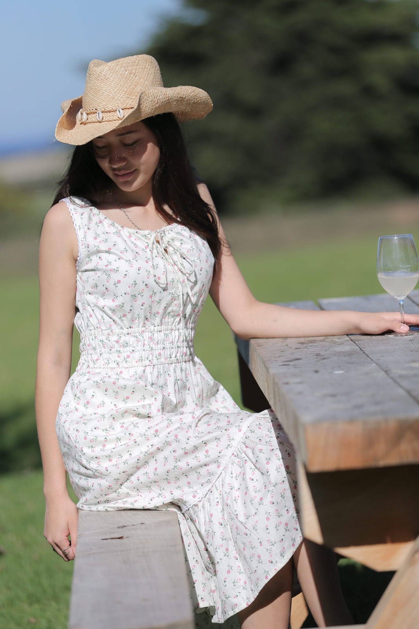 Bianca Cloud Rose — women's floral cotton midi dress with rose and green florals on off-white