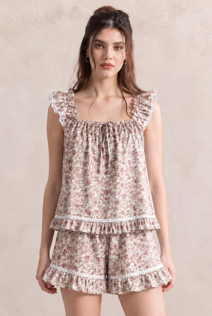 Elodie Lounge Set Wild Flower — ruffle-strap cami and matching ruffled shorts in the wildflower print