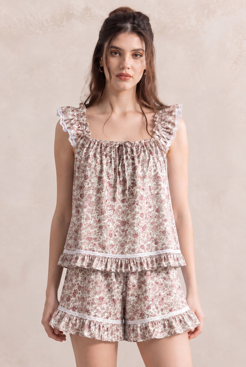 Elodie Lounge Set Wild Flower — ruffle-strap cami and matching ruffled shorts in the wildflower print